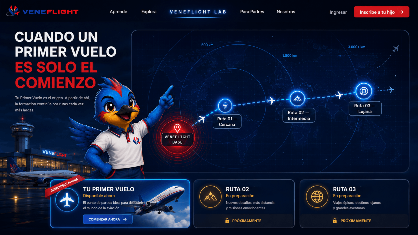Veny, la mascota de VENEFLIGHT, junto a la torre de control en VENEFLIGHT Base
